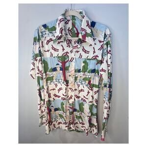 VTG Mens Abstract Graphic Print Button Up Disco Pointed Collared Shirt L Garden